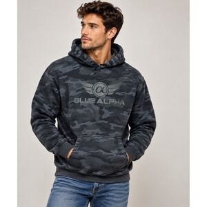Camo Blue Alpha Graphic Pullover Hoodie Men's Unisex Kangaroo Pocket